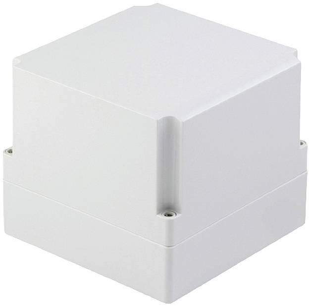 Weiße rechteckige Kunststoffbox mit abgerundeten Ecken, geeignet für Elektroinstallationen.