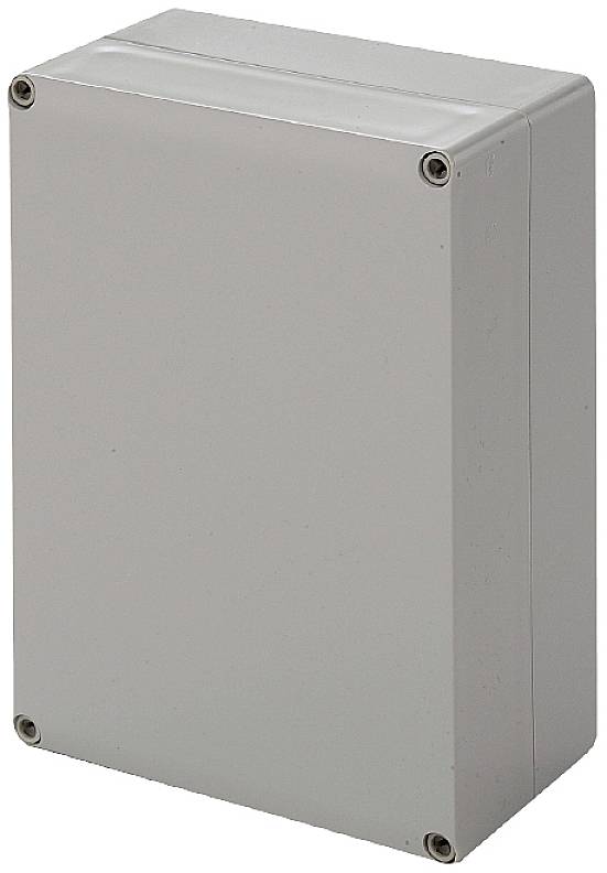 Ein rechteckiges, graues Metallgehäuse mit abgerundeten Ecken und vier Schrauben, eine in jeder Ecke, dient als elektrisches Anschlussgehäuse.