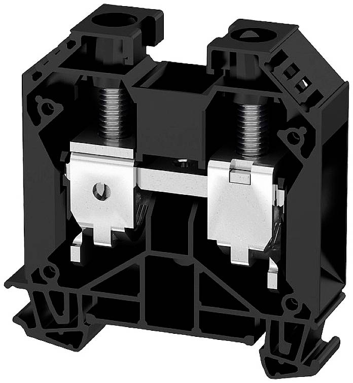 Elektrische Klemme: Schwarze, modulare Klemme mit Metallschrauben, zur Verbindung elektrischer Leitungen in Schalttafeln verwendet.