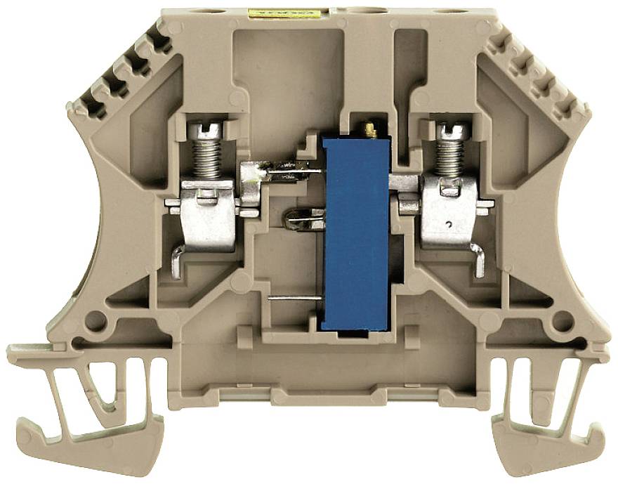 Ein elektrischer Reihenklemmenblock in beiger Farbe mit blauer Sicherung in der Mitte, zeigt die interne Metallverbindung.
