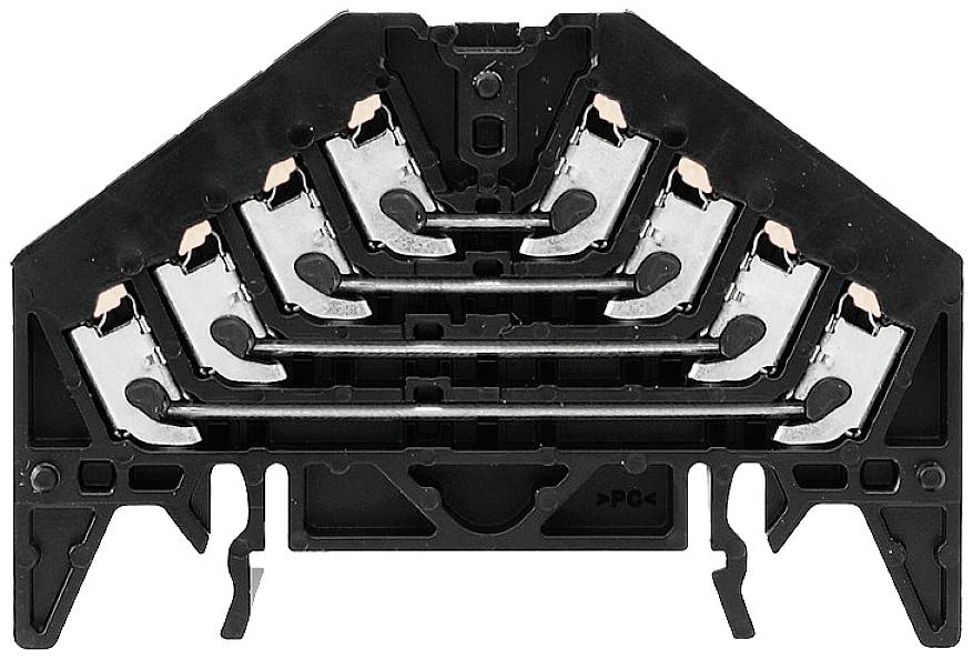 Ein schwarzes elektrisches Verbindungselement mit sechsstufiger, paralleler Kontaktanordnung und metallischen Kontakten in der Mitte.