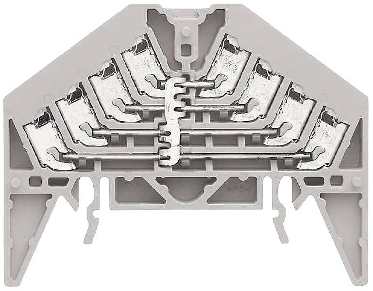 Querschnitt einer grauen Reihenklemme mit mehreren internen Metallanschlüssen.
