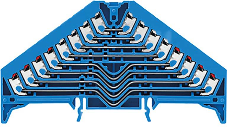 Bild eines blauen elektrischen Reihenklemmenblocks in dreieckiger Form, mit mehreren Verbindungselementen in symmetrischer Anordnung.