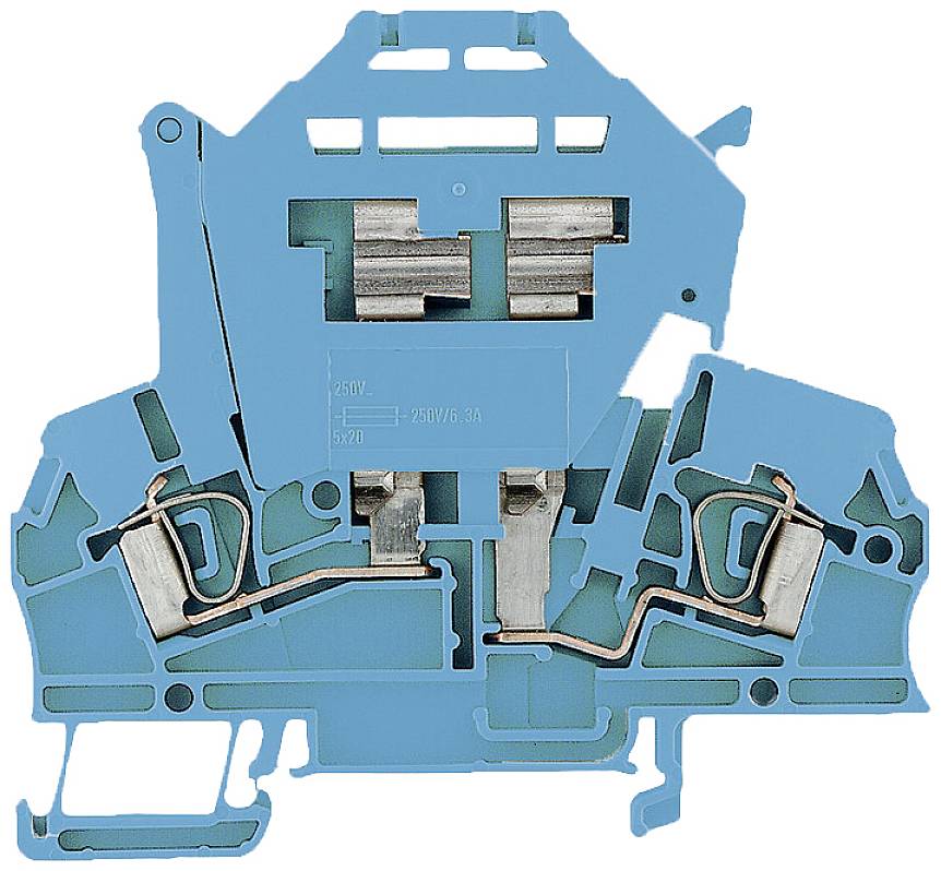 Eine blaue elektrische Klemmverbindung mit Metallkontakten, die für die Verbindung von Leitern in Schaltschränken verwendet wird.