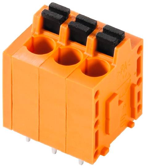 Dreipolige, orangene Leiterplatten-Steckklemme mit schwarzen Drückern, geeignet für elektrische Verbindungen und Montage auf Leiterplatten.