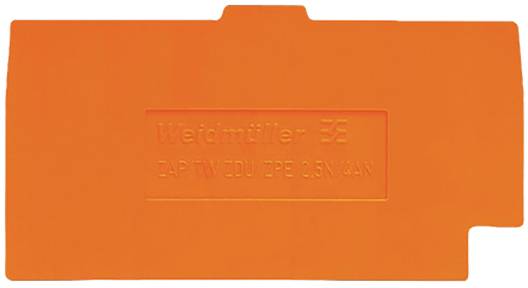 Oranger Kunststoffdeckel mit dem eingeprägten Text 'Weidmüller DE'. Der Deckel hat eine rechteckige Form mit kleinen Ausbuchtungen.