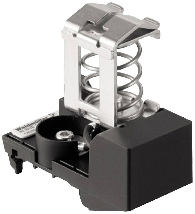 Ein kleiner, metallischer Schalter mit Federmechanismus, vermutlich ein elektrisches Bauteil für Schaltschränke oder elektronische Geräte.