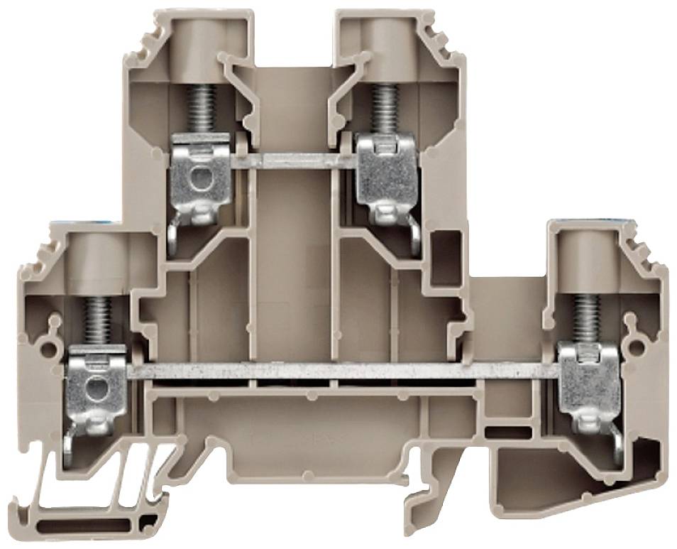 Ein brauner Reihenklemmenblock mit Schraubanschluss. Sichtbar sind zwei metallische Klemmschrauben und Leitungsanschlüsse.