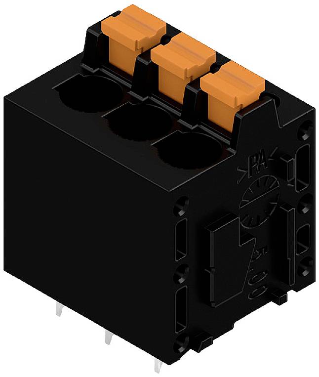 Schwarzer elektrischer Steckverbinder mit drei orangenen Schaltern; rechteckige Form mit Metallstiften zum Löten auf eine Platine.