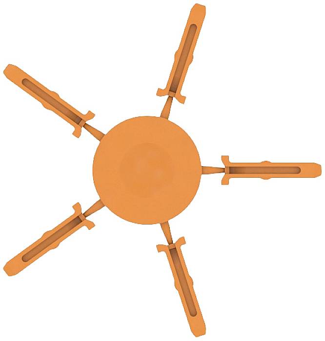 Ein orangefarbener, kreisförmiger Gegenstand mit fünf verlängerten, symmetrisch angeordneten Armen.