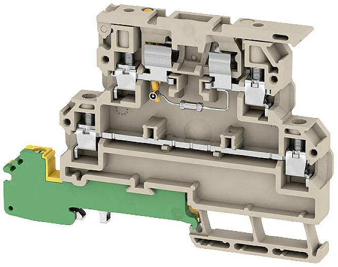 Ein Querschnitt eines elektrischen Klemmenblocks zeigt interne Metallverbindungen und Befestigungspunkte für die Verdrahtung.