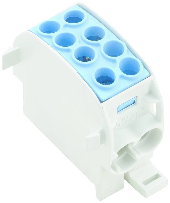 Ein weiß-blauer, steckbarer Klemmenblock mit mehreren Steckplätzen für elektrische Verbindungen.