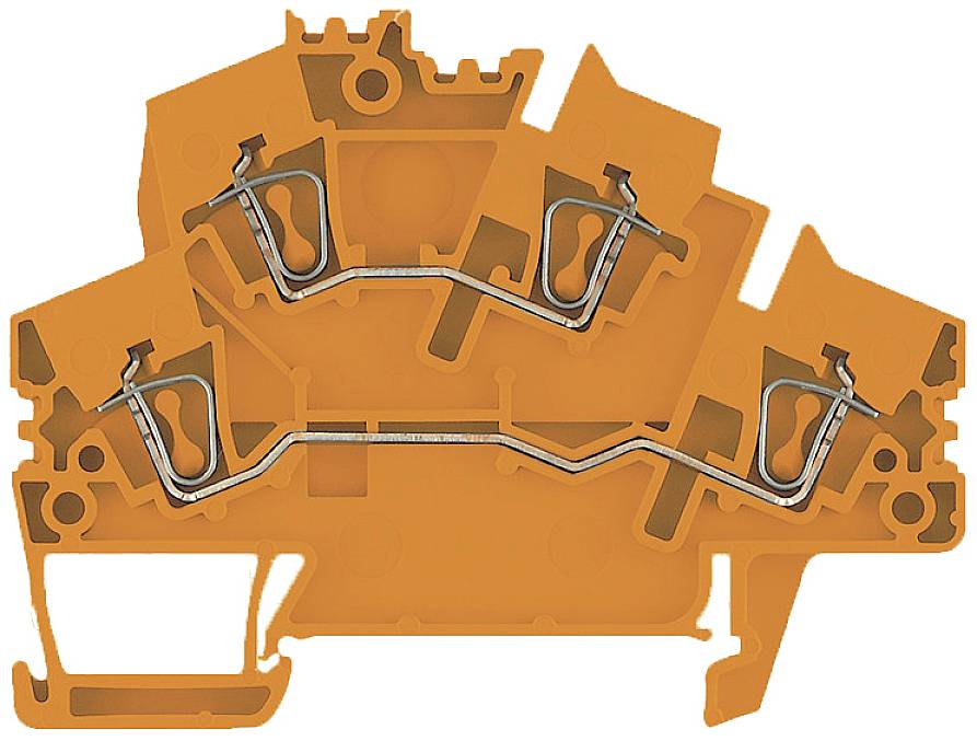 Querschnitt eines orangefarbenen elektrischen Anschlussmoduls mit metallischen Klemmen, die interne Verbindungen zeigen.