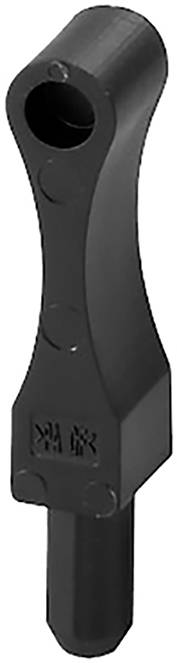 Ein schwarzes, L-förmiges Kunststoffteil mit einem runden Loch oben. Möglicher Bestandteil eines technischen oder mechanischen Systems.