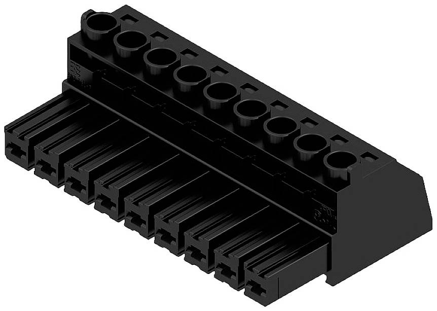 Schwarzer Kunststoffstecker mit zehn Steckplätzen, horizontal ausgerichtet. Verwendet für elektrische Verbindungen in Geräten.