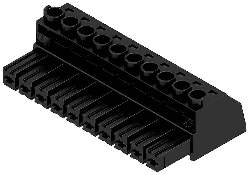 Schwarzer Mehrpolsteckverbinder mit zehn Kontaktstellen in zwei parallelen Reihen.