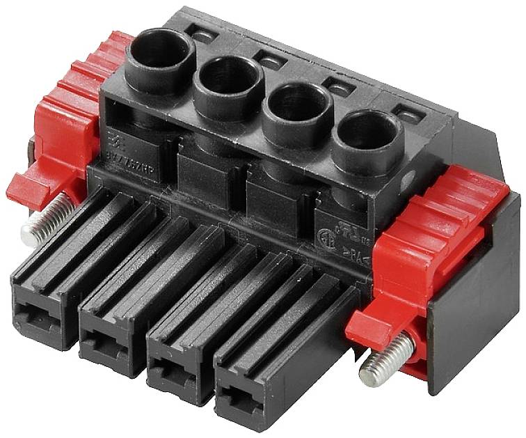 Schwarzer und roter Kunststoffstecker mit fünf Anschlüssen, zwei Schrauben, verwendet für elektrische Verbindungen in technischen Anwendungen.