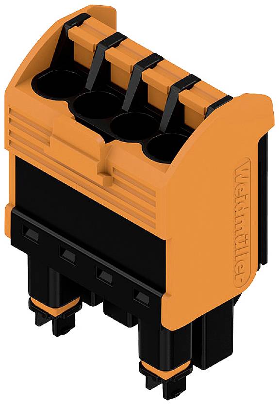 Ein orange-schwarzer elektronischer Steckverbinder mit vier Anschlüssen, geeignet für elektrische Verbindungen in technischen Anwendungen.