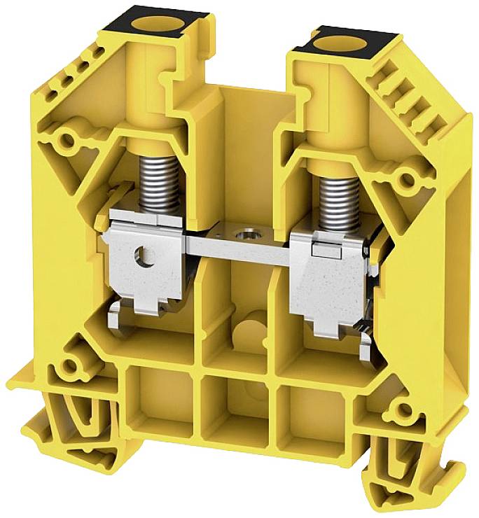 Gelbes elektrisches Klemmenmodul mit Schraubmechanismus und metallischen Kontakten, entwickelt zur Montage auf Hutschienen für elektrische Verbindungen.