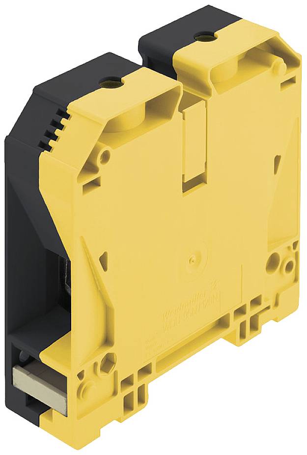 Gelbe, rechteckige Industriekomponente mit schwarzen Akzenten, vermutlich ein elektrischer Schalter oder Relais, Seitenansicht.