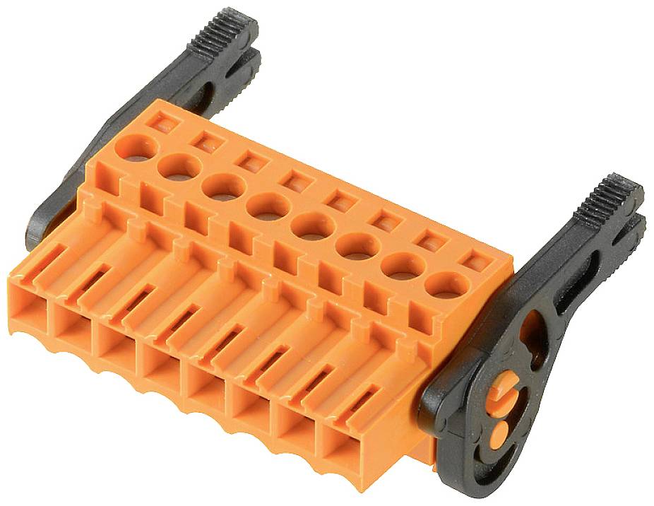 Orangefarbener Steckverbinder mit schwarzen Hebeln, geeignet für elektronische Verbindungen, zeigt acht Anschlusslöcher.
