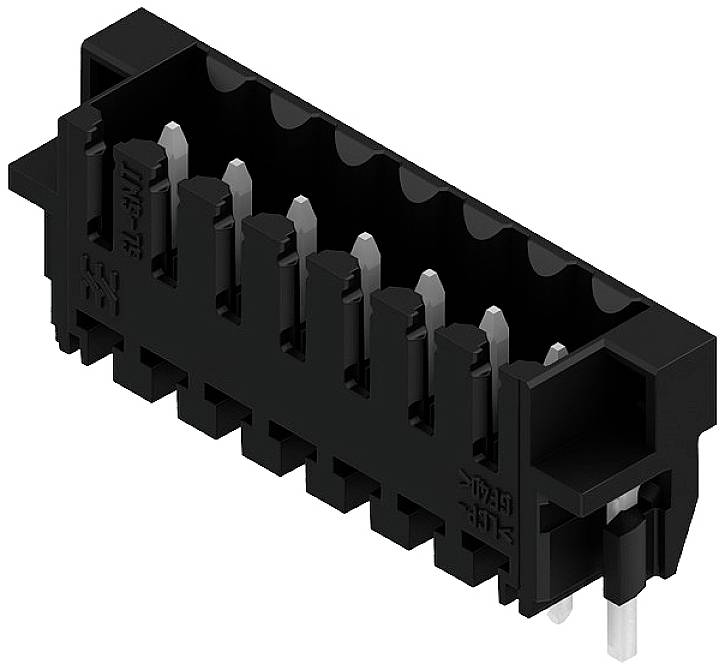 Schwarzer Kunststoffstecker mit mehreren Metallsteckplätzen, seitlicher Anschluss. Verwendet für elektronische Verbindungen.