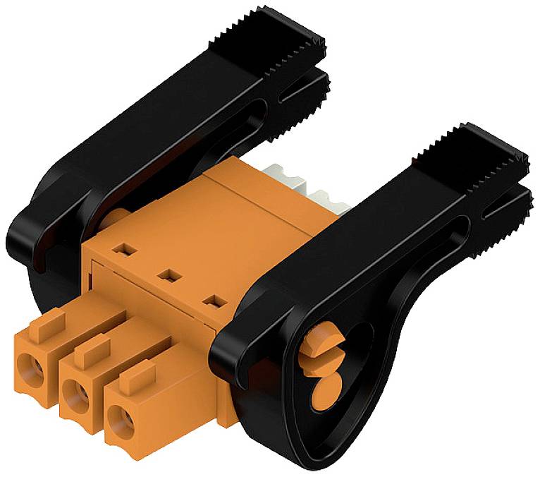 Ein orangefarbenes, dreipoliges elektrisches Steckelement mit schwarzen, seitlichen Griffen, geeignet für schnelle Verbindungen.