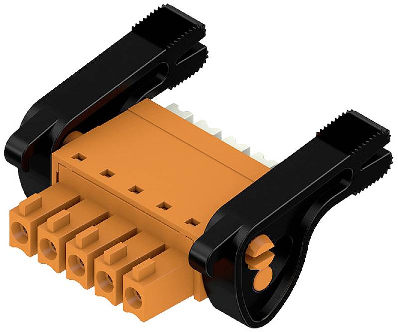 Oranger Elektrostecker mit fünf Buchsen und schwarzen Verriegelungsklammern, geeignet zum Verbinden von Kabeln in elektrischen Anwendungen.
