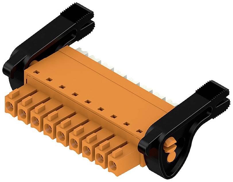 Ein orangefarbener Steckverbinder mit mehreren Anschlussmöglichkeiten auf der Vorderseite und schwarzen Griffen an den Seiten.