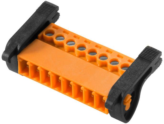 Oranger und schwarzer Kabelstecker mit mehreren Anschlüssen, verwendet zum sicheren Verbinden elektrischer Leitungen.