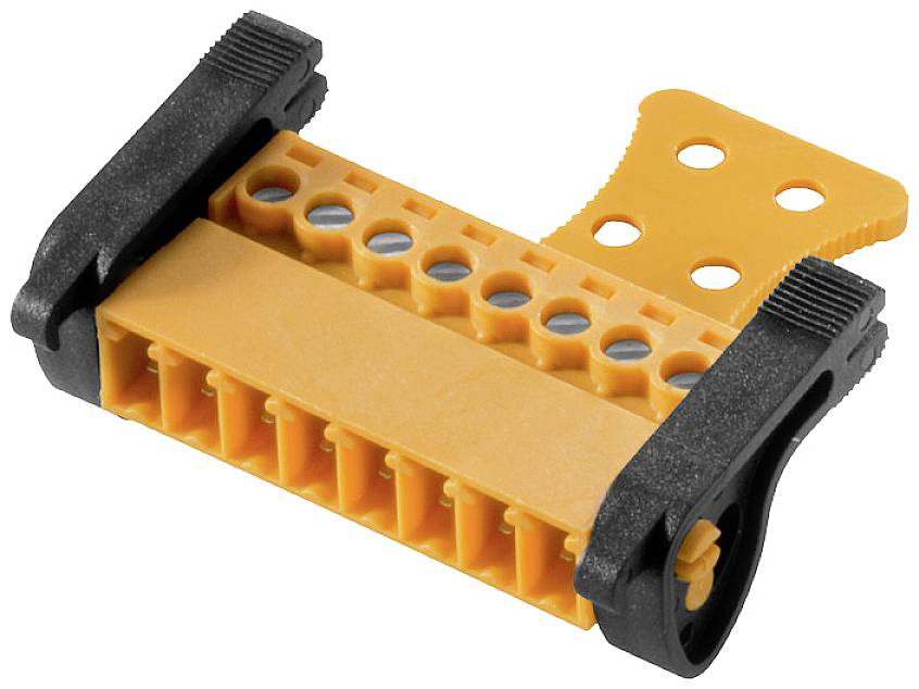 Verbinder aus orangefarbenem Kunststoff mit einem schwarzen Verschlussmechanismus.