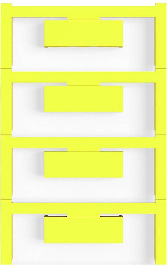 Gelber, moderner fünfstufiger Schubladenschrank mit weißen Zwischenräumen; minimalistisches, geometrisches Design.