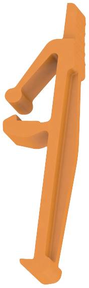 Orange Kunststoffstück in Form eines Hakens, möglicherweise Teil eines Baukastens oder Haltersystems.