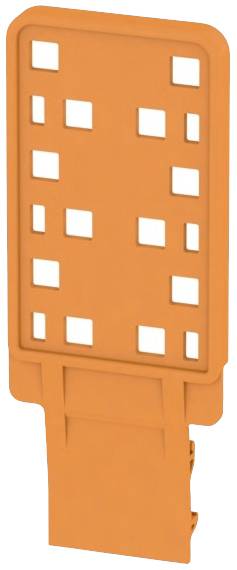 Ein orangefarbenes Kunststoffteil mit mehreren quadratischen Aussparungen, möglicherweise ein Bauelement oder Zubehör.