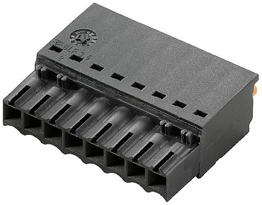 Schwarzer Kunststoffstecker mit 10 rechteckigen Öffnungen in zwei Reihen, verwendet für elektronische Verbindungen.