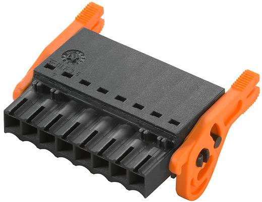 Ein schwarzer Steckverbinder mit orangefarbenen Hebeln auf beiden Seiten.
