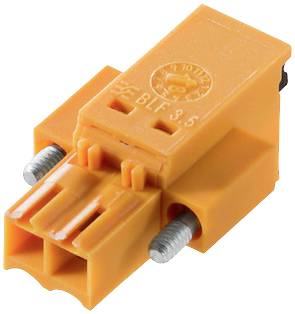 Oranger Steckverbinder mit zwei Schrauben zur Befestigung. Oberseite mit eingraviertem Herstellerlogo und Modellnummer 'BLF 3.5'.
