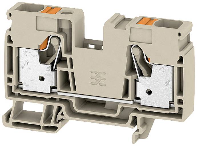 Ein grauer Klemmenblock mit zwei Metallklemmen, die zum Befestigen von elektrischen Leitern dienen.