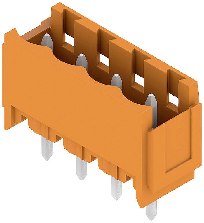 Oranger Steckverbinder mit mehreren Metallstiften, vermutlich für elektronische Montage verwendet.