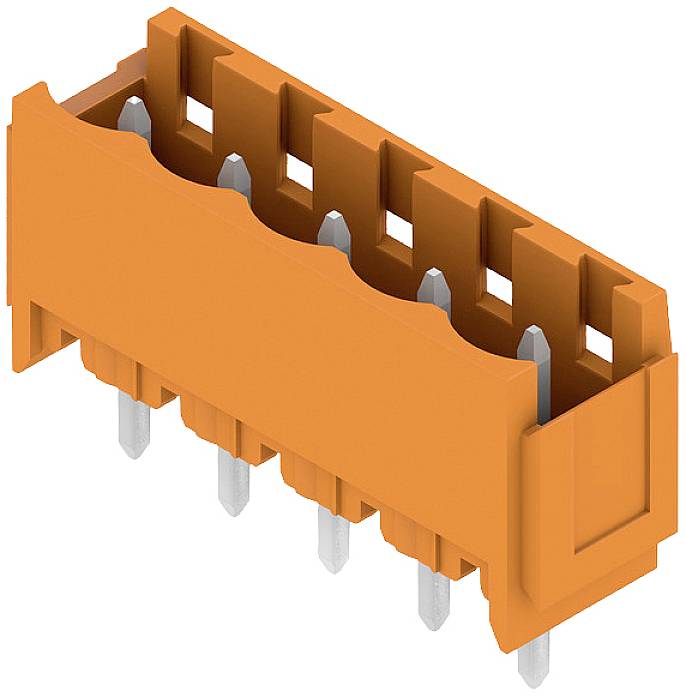 Ein orangefarbener Steckverbinder mit mehreren Metallstiften, geeignet für elektronische Anwendungen.