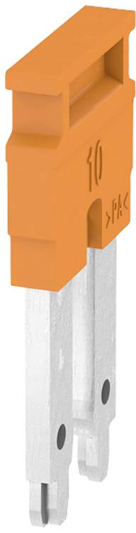 Orangefarbige Flachsicherung mit der Aufschrift '10 A', geeignet für elektrische Anwendungen, zeigt die seitliche Ansicht mit Glasstruktur.