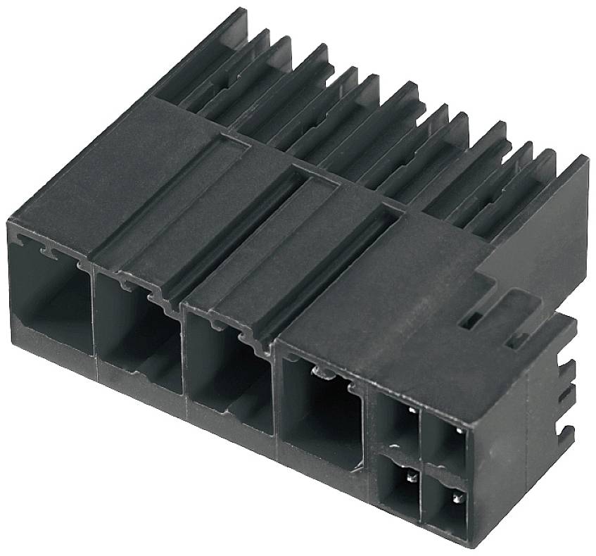 Schwarzer Steckverbinder mit mehreren vertikalen und horizontalen Steckplätzen, geeignet für elektronische Geräte oder Verkabelung.