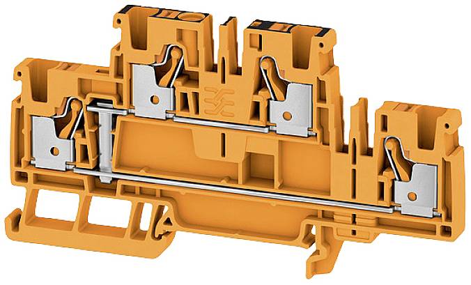 Ein orangefarbener elektrischer Steckverbinder mit Metallteilen, zur Verbindung von Drähten in einer Schalttafel.