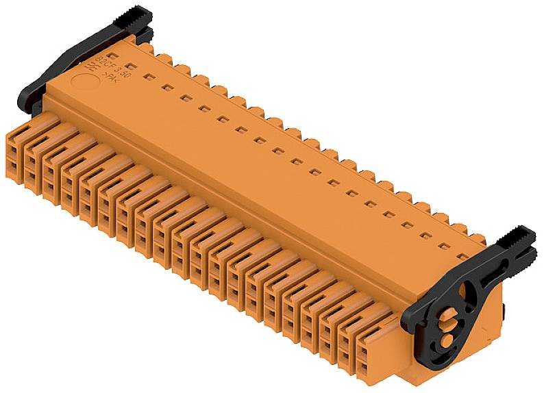 Ein orangefarbener elektrischer Steckverbinder mit schwarzen Befestigungselementen, geeignet für technische oder industrielle Anwendungen.