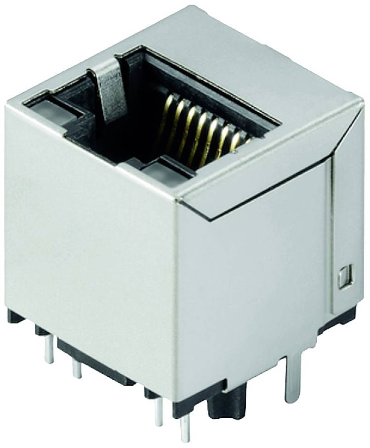 Ein einzelner RJ45-Netzwerkanschluss, silberfarben mit mehreren goldenen Kontaktstiften im Inneren, geeignet für Ethernet-Kabel.