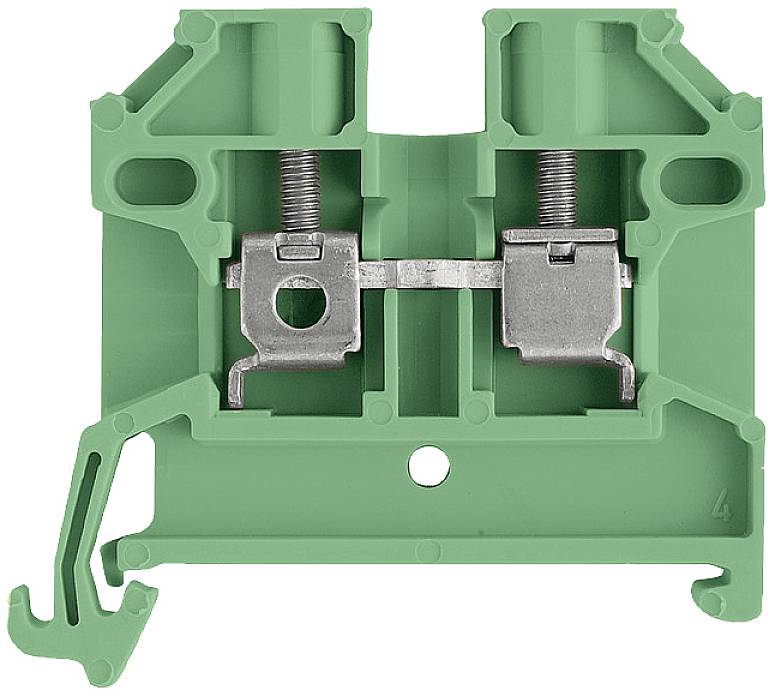 Grüner elektrischer Klemmenblock aus Kunststoff mit zwei metallischen Schraubklemmen in der Mitte, verwendet zur Kabelverbindung.
