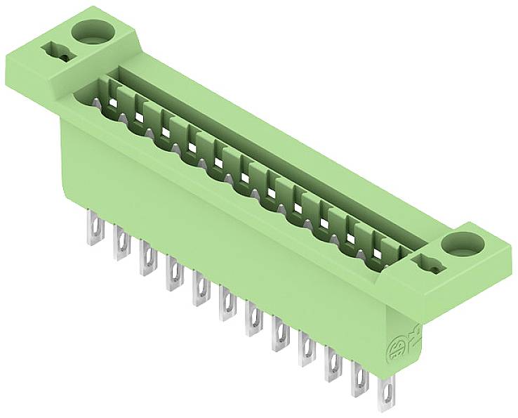 Grüner Elektronikstecker mit rechteckiger Form und Metallstiften für den Einsatz in Steckverbindungen.