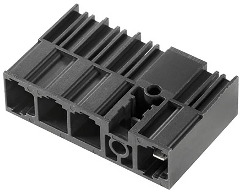 Ein schwarzes Kunststoffbauteil mit mehreren rechteckigen Kammern und Rippenstrukturen, vermutlich ein elektrisches oder mechanisches Verbindungselement.