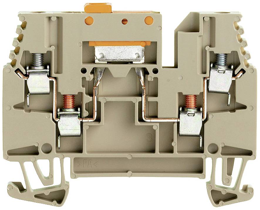 Ein beigefarbener Reihenklemmenblock mit zwei Klemmenpaaren, jeweils mit Schraubmechanismus und metallischen Verbindungselementen.