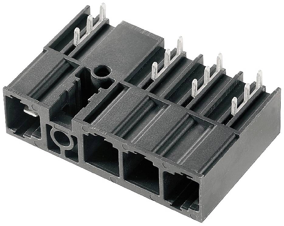 Ein schwarzer Steckverbinder für elektronische Geräte mit mehreren Metallstiften zur Verbindung von Schaltkreisen.